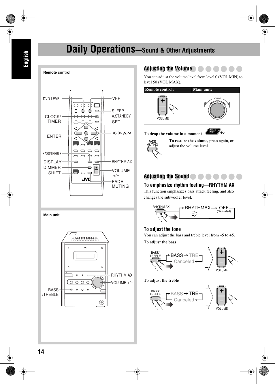 Daily operations —sound & other adjustments, Daily operations, Sound & other adjustments | English, Adjusting the volume, Adjusting the sound | JVC FS-P550 User Manual | Page 18 / 47