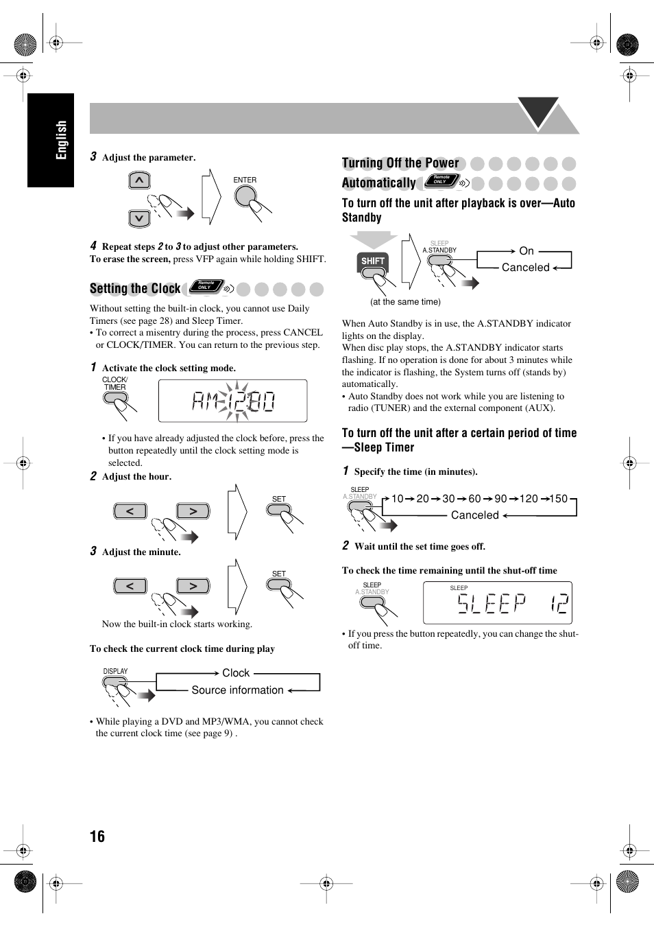 English, Setting the clock, Turning off the power automatically | JVC FS-P550 User Manual | Page 20 / 47