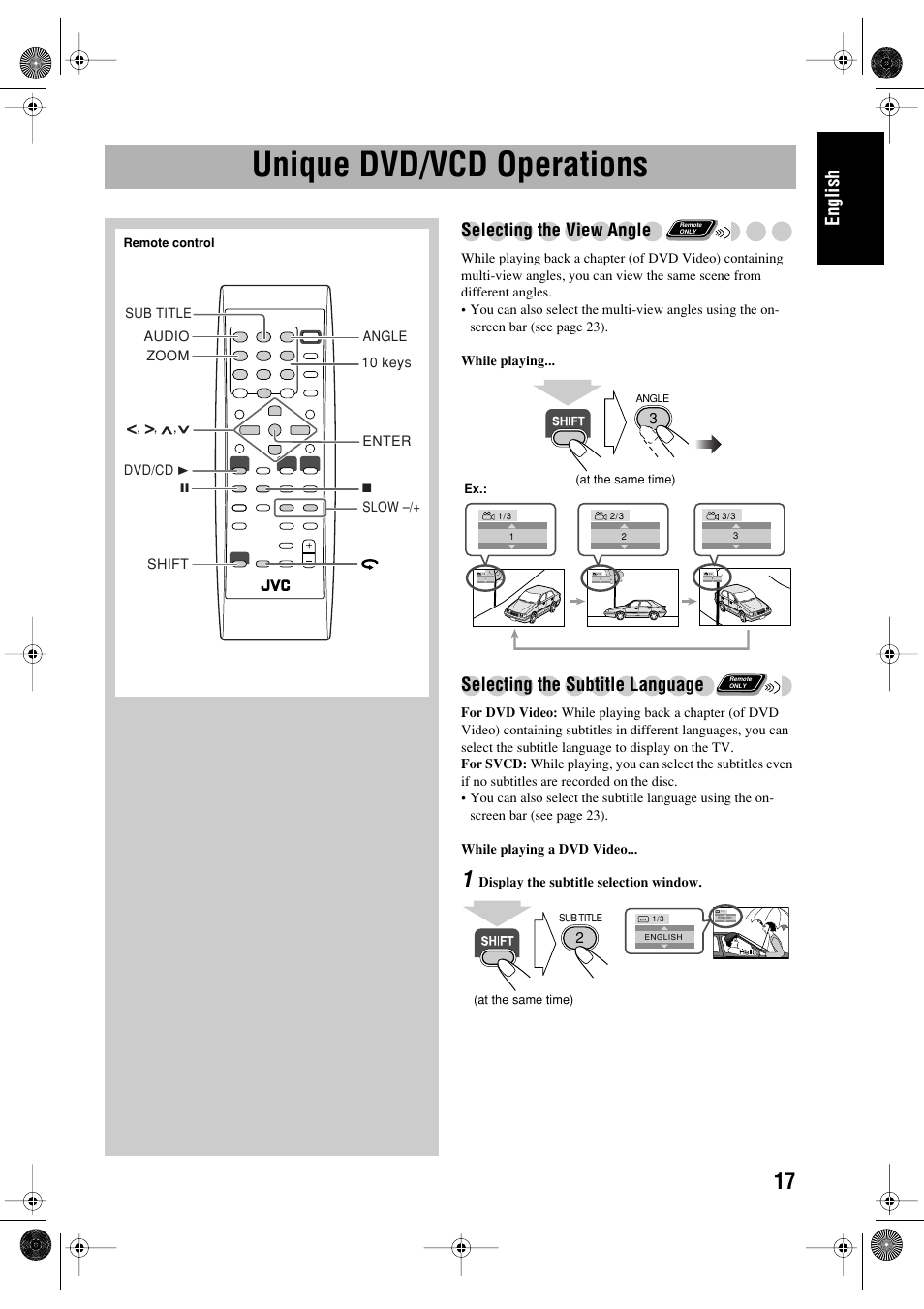 Unique dvd/vcd operations, English, Selecting the view angle | Selecting the subtitle language | JVC FS-P550 User Manual | Page 21 / 47