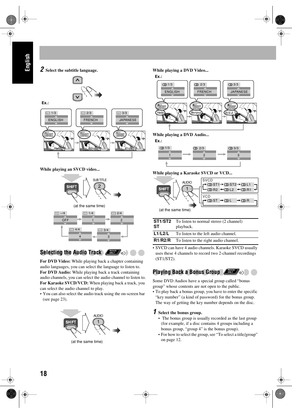 English, Selecting the audio track, Playing back a bonus group | JVC FS-P550 User Manual | Page 22 / 47