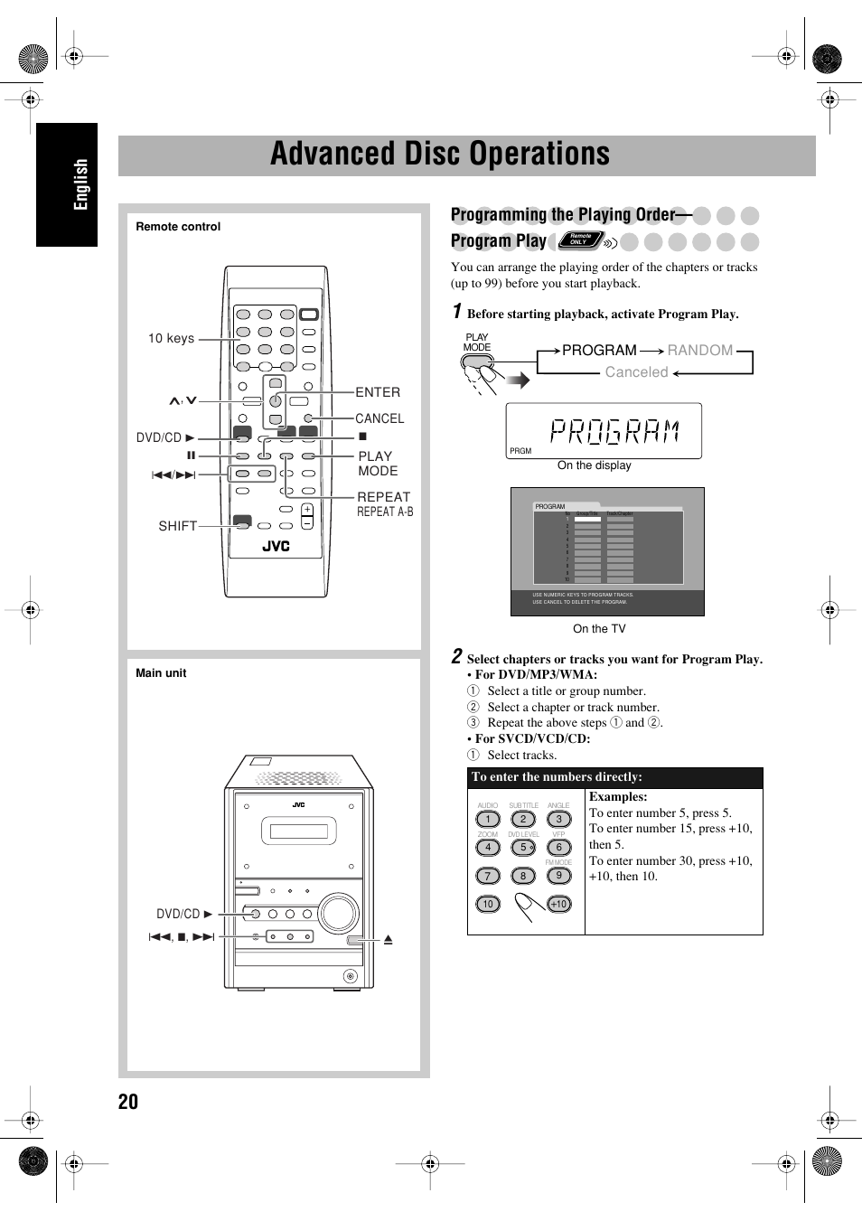 Advanced disc operations, English, Programming the playing order— program play | JVC FS-P550 User Manual | Page 24 / 47