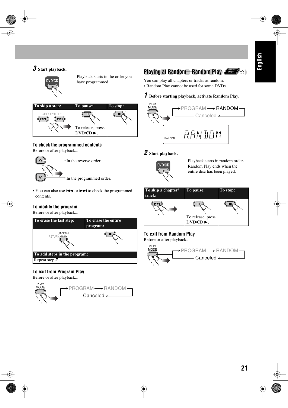 English, Playing at random—random play | JVC FS-P550 User Manual | Page 25 / 47