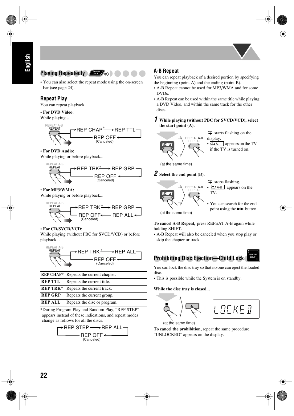 English, Playing repeatedly, Prohibiting disc ejection—child lock | JVC FS-P550 User Manual | Page 26 / 47