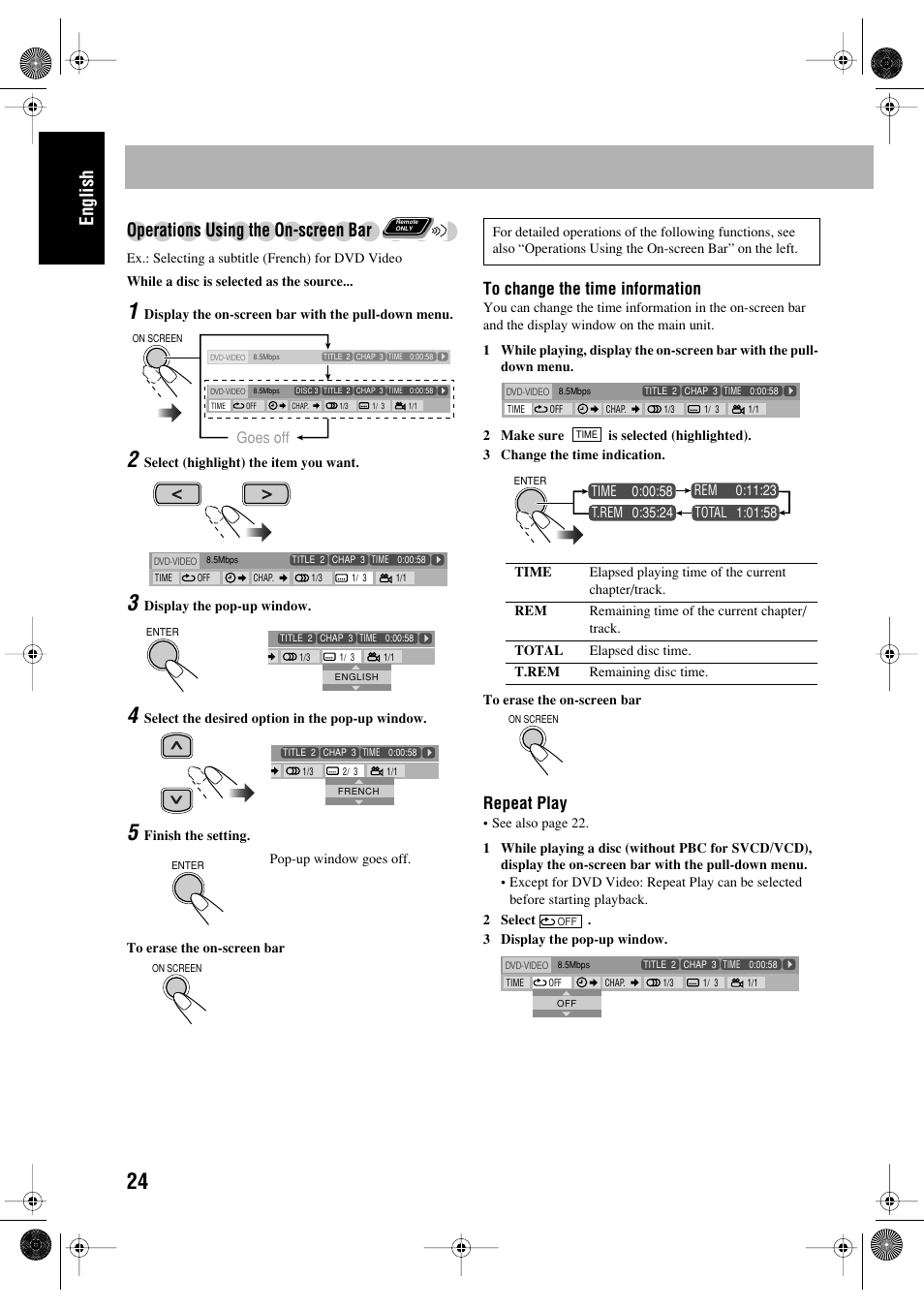 English, Operations using the on-screen bar, Repeat play | Goes off | JVC FS-P550 User Manual | Page 28 / 47