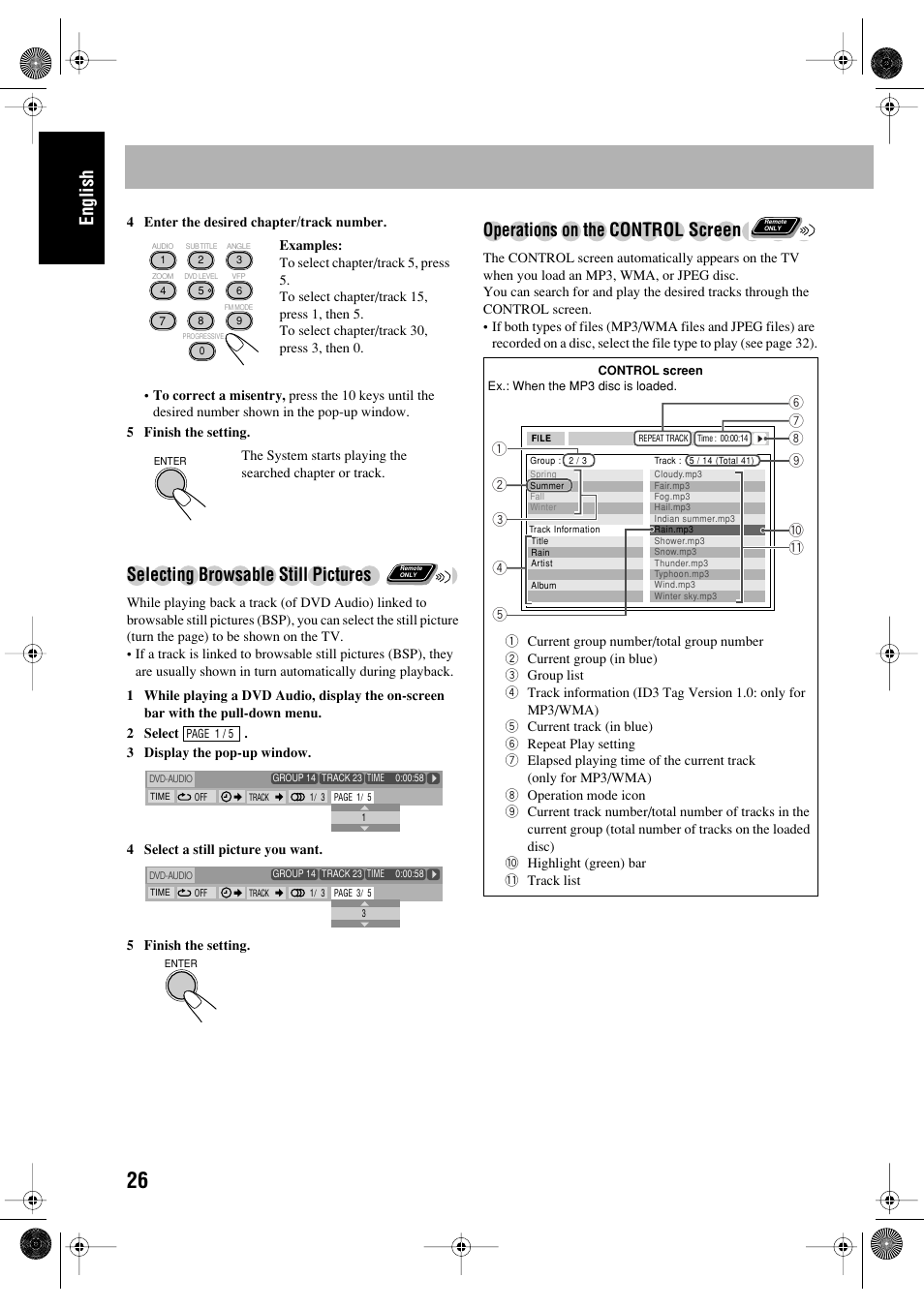 English, Selecting browsable still pictures, Operations on t | He control screen | JVC FS-P550 User Manual | Page 30 / 47