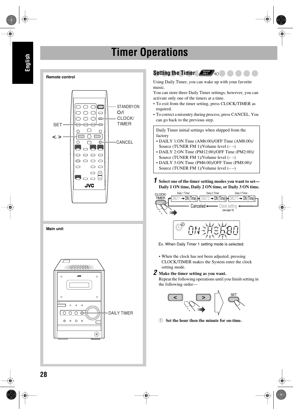 Timer operations, English, Setting the timer | JVC FS-P550 User Manual | Page 32 / 47