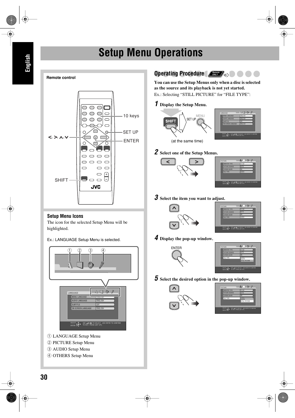 Setup menu operations, English, Operating procedure | Setup menu icons, Display the setup menu, Select one of the setup menus, Select the item you want to adjust, Display the pop-up window | JVC FS-P550 User Manual | Page 34 / 47