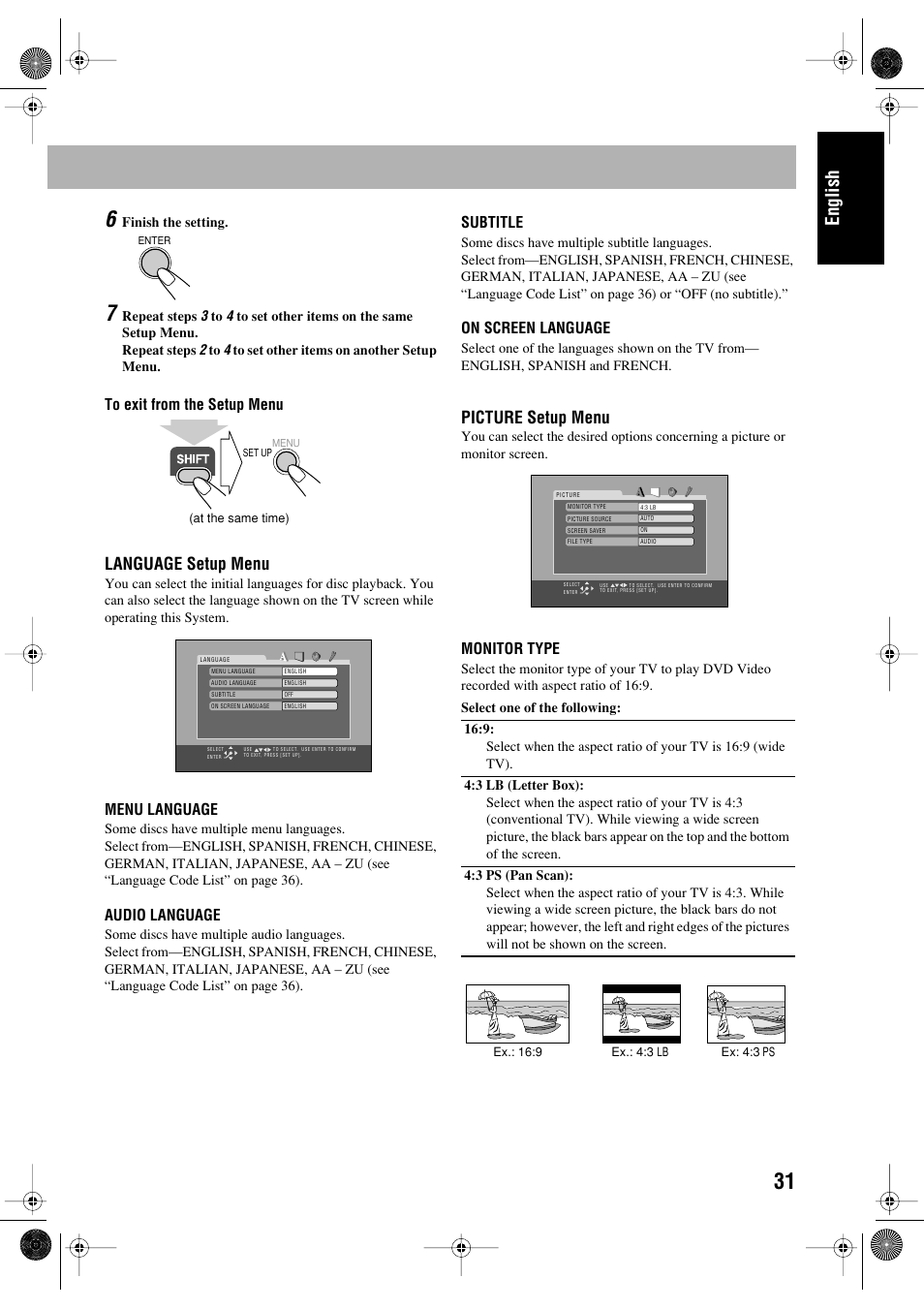 English, Language setup menu, Picture setup menu | JVC FS-P550 User Manual | Page 35 / 47