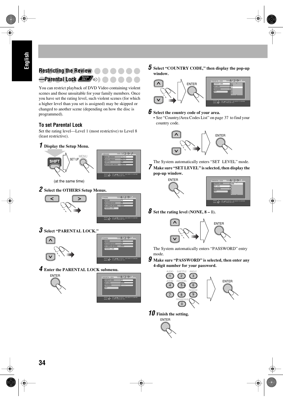 English restricting the review —parental lock, Display the setup menu, Select the others setup menus | Select “parental lock, Enter the parental lock submenu, Finish the setting | JVC FS-P550 User Manual | Page 38 / 47