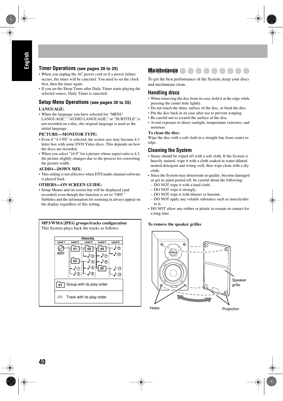 English, Maintenance, Timer operations | Setup menu operations, Handling discs, Cleaning the system | JVC FS-P550 User Manual | Page 44 / 47