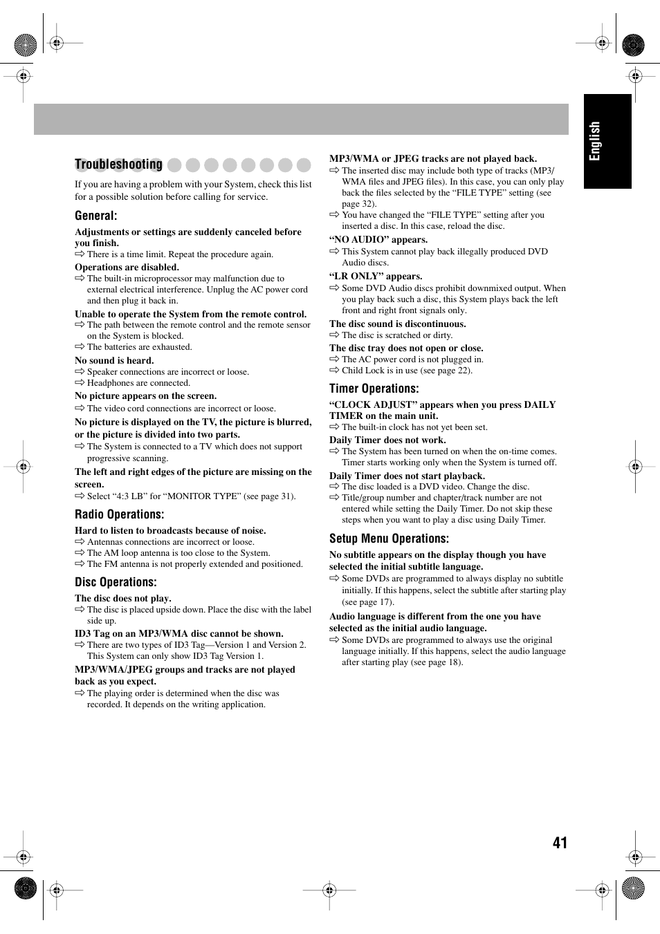 English troubleshooting | JVC FS-P550 User Manual | Page 45 / 47