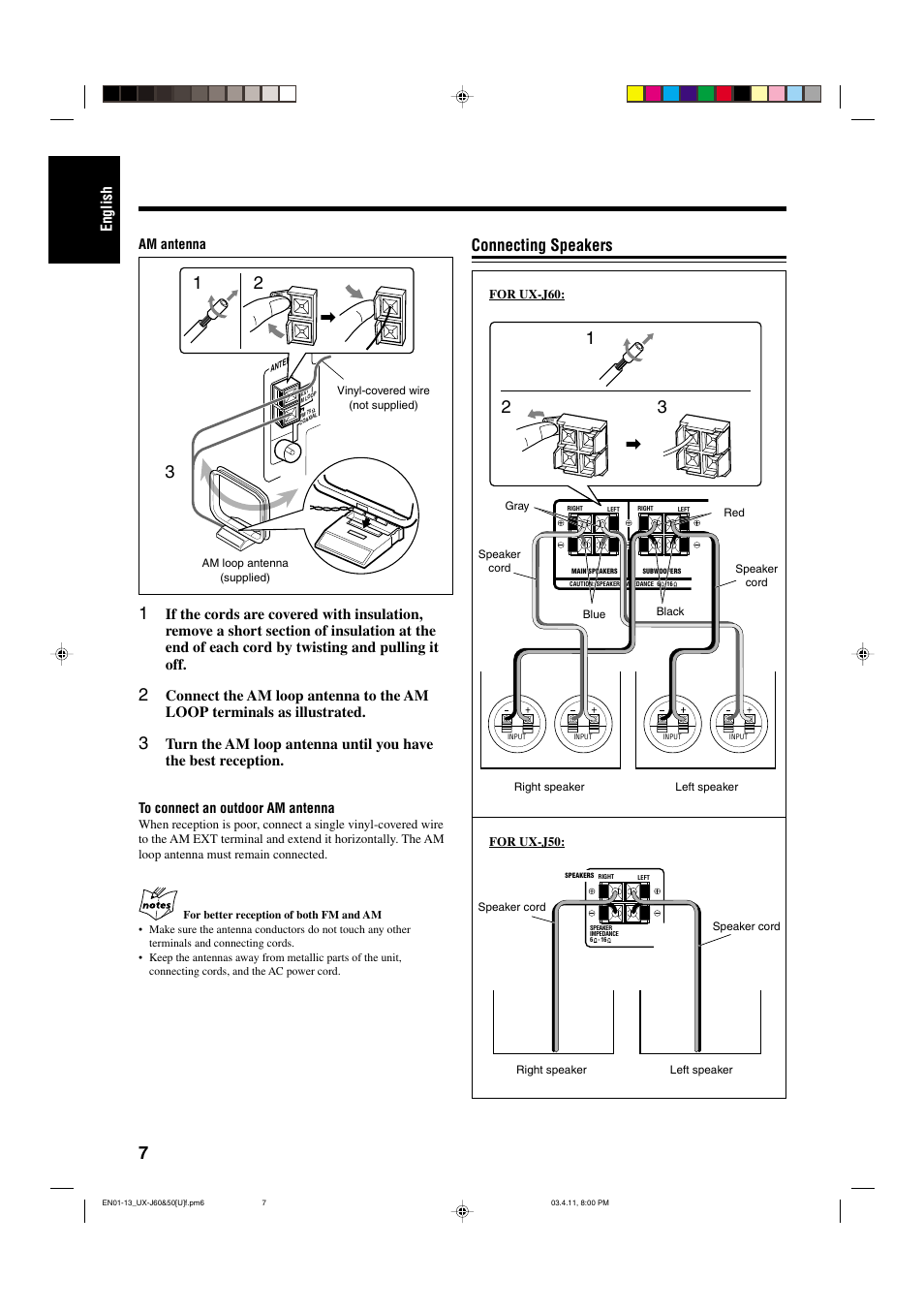 Connecting speakers, English | JVC UX-J60 User Manual | Page 10 / 28
