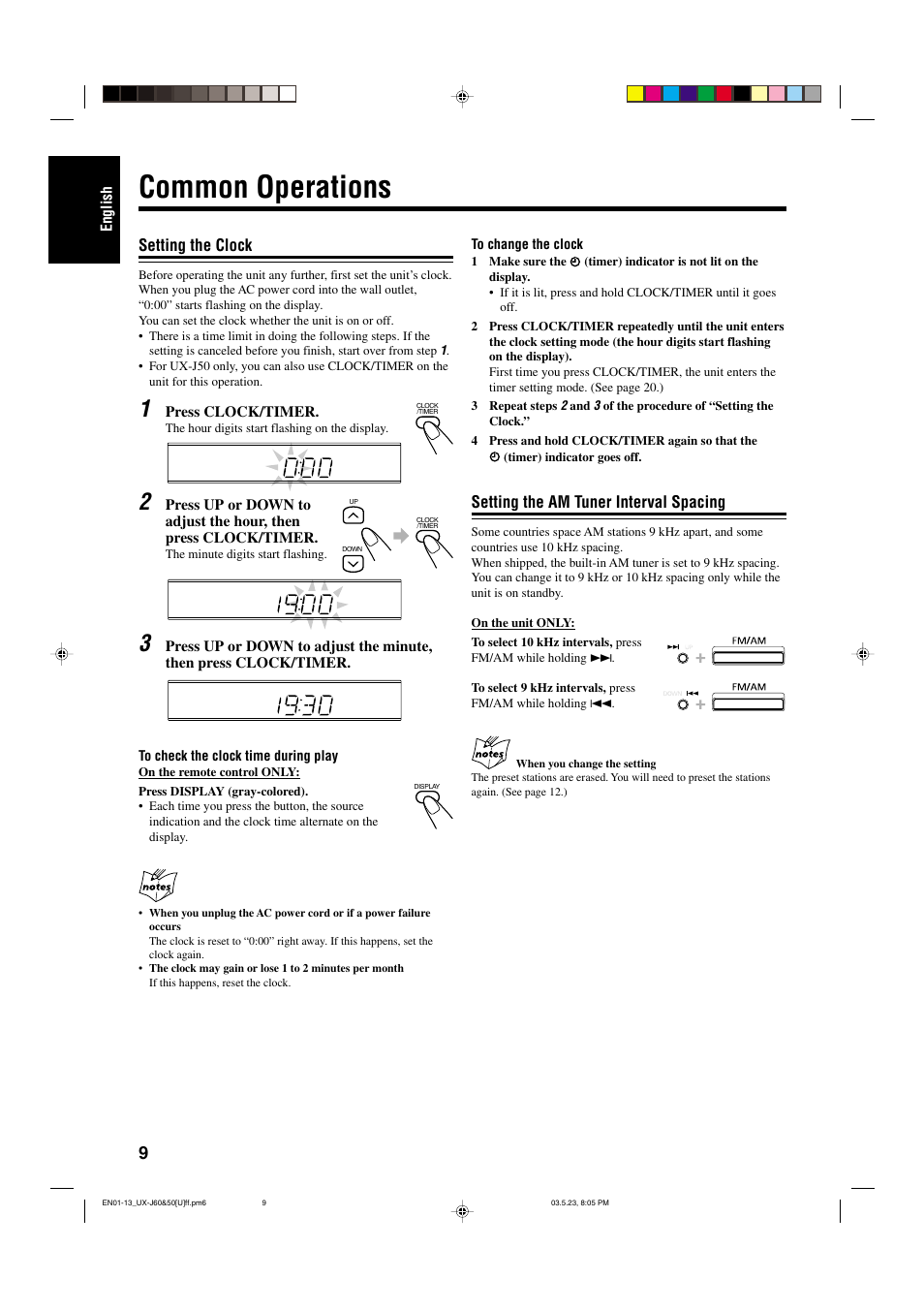 Common operations, Setting the clock, Setting the am tuner interval spacing | JVC UX-J60 User Manual | Page 12 / 28