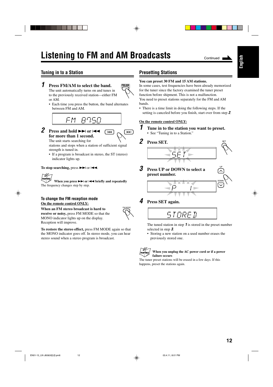 Listening to fm and am broadcasts | JVC UX-J60 User Manual | Page 15 / 28