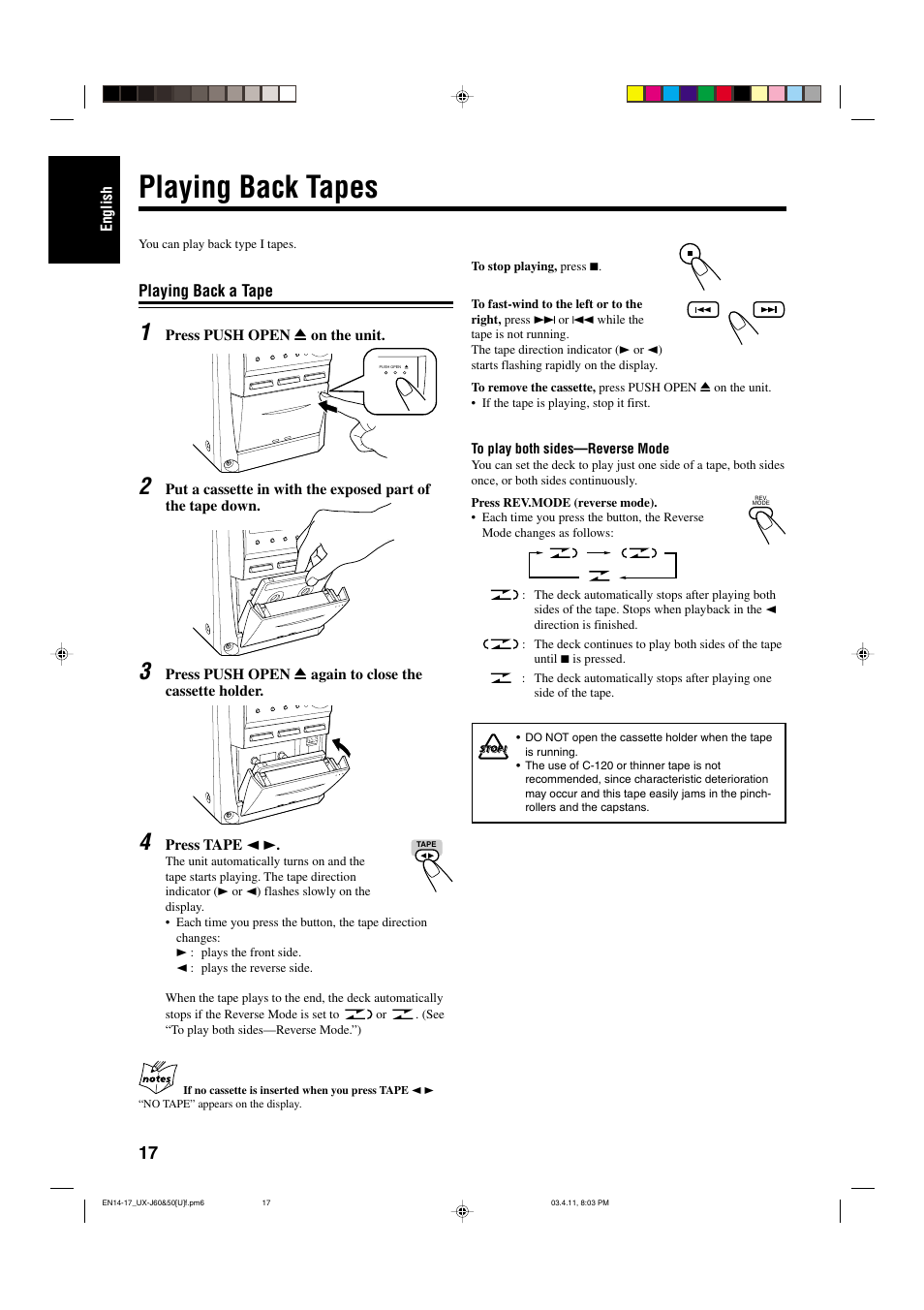 Playing back tapes, Playing back a tape | JVC UX-J60 User Manual | Page 20 / 28