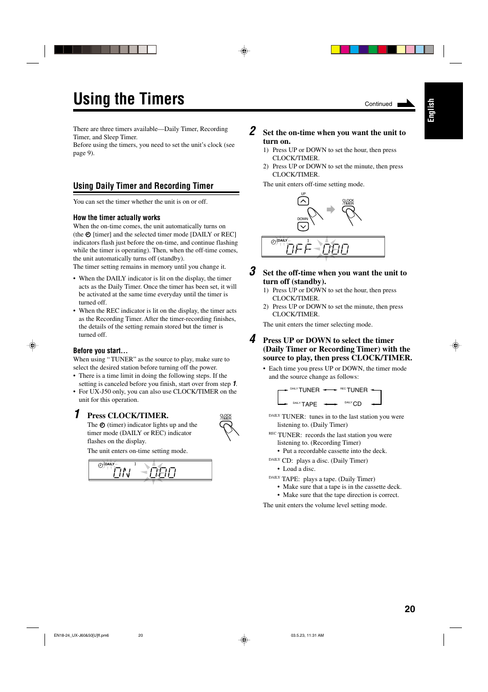 Using the timers, Using daily timer and recording timer | JVC UX-J60 User Manual | Page 23 / 28