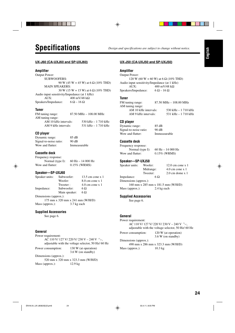 Specifications | JVC UX-J60 User Manual | Page 27 / 28
