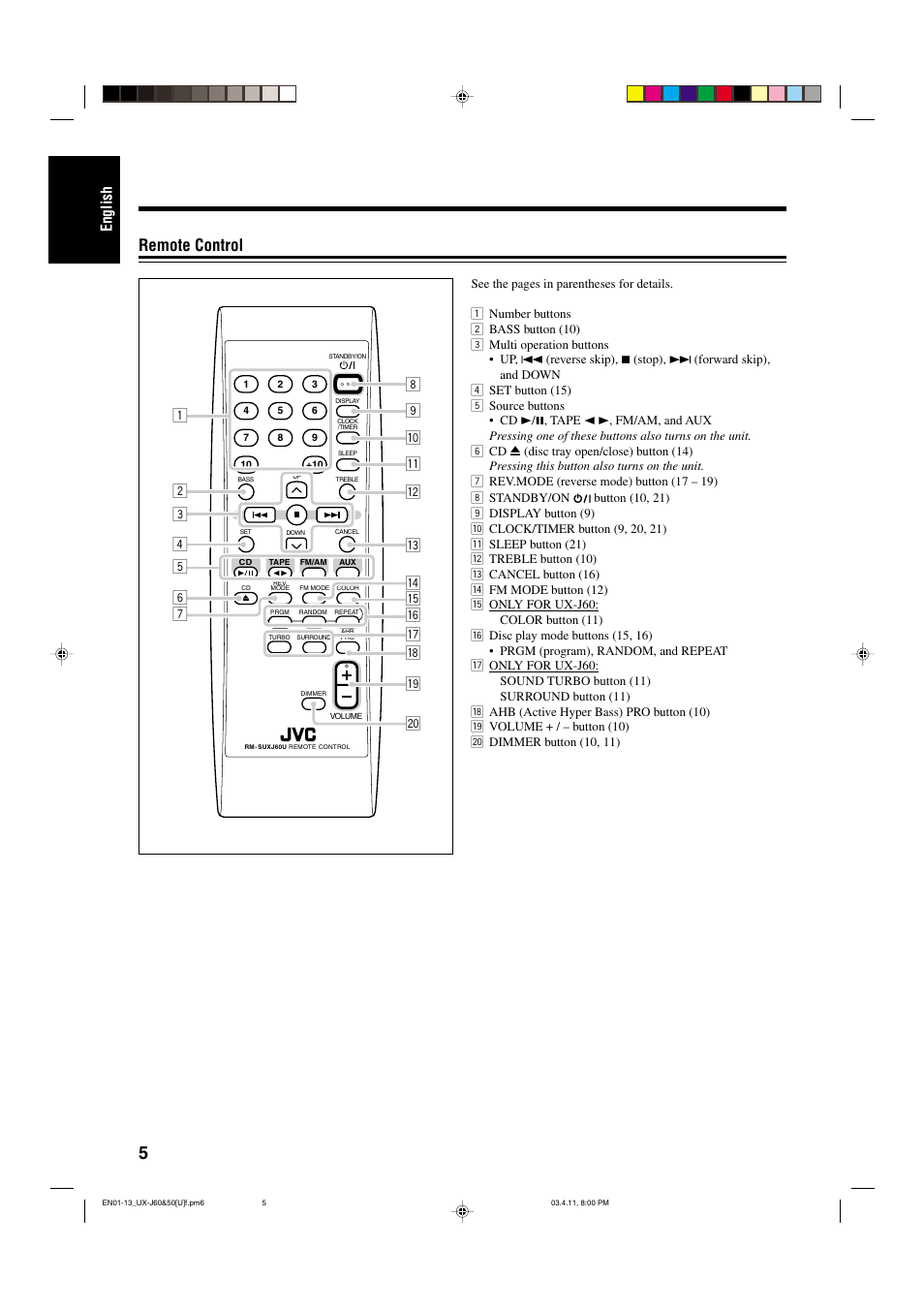 Remote control, English | JVC UX-J60 User Manual | Page 8 / 28