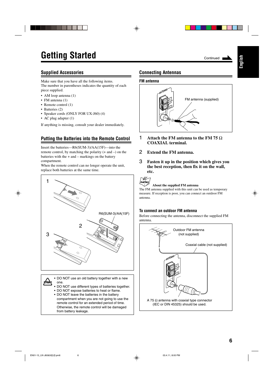 Getting started, Supplied accessories, Putting the batteries into the remote control | Connecting antennas | JVC UX-J60 User Manual | Page 9 / 28