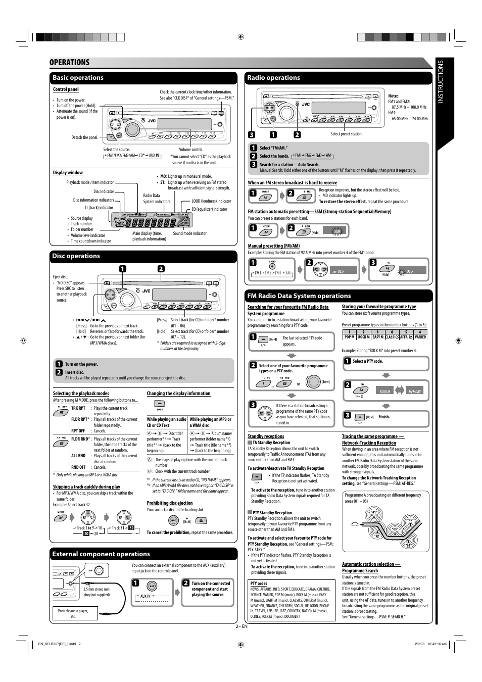 Operations, Instructions, Basic operations | Radio operations, External component operations, Disc operations, Fm radio data system operations | JVC KD-R207 User Manual | Page 2 / 4