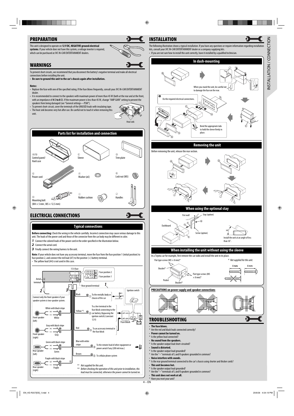 Preparation, Warnings, Troubleshooting | Electrical connections, Installation, Installation / connection, Typical connections, Parts list for installation and connection, Removing the unit, When using the optional stay | JVC KD-R207 User Manual | Page 4 / 4