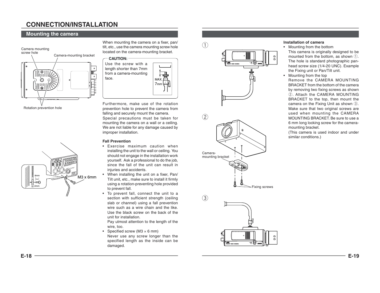 Mounting the camera, Connection/installation, Qw e | Ab c d, Video dc iris video dc iris, E-18, E-19 | JVC TK-C1460B User Manual | Page 10 / 42