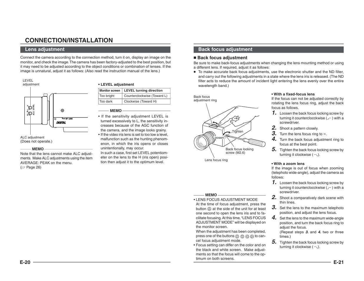 Lens adjustment, Back focus adjustment, Connection/installation | JVC TK-C1460B User Manual | Page 11 / 42