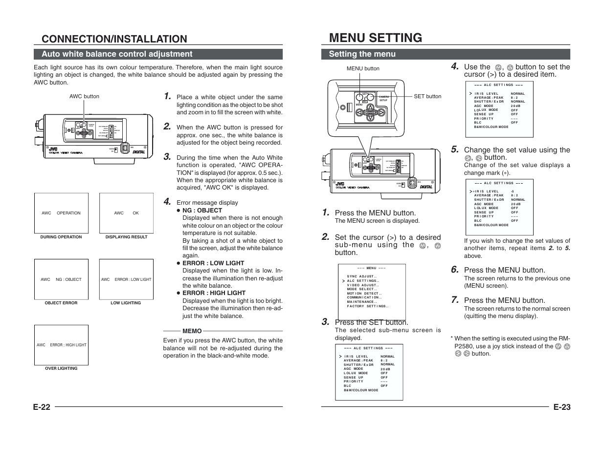 Auto white balance control adjustment, Menu setting, Setting the menu | Connection/installation, E-22, E-23, Press the menu button, Press the set button, Change the set value using the , button, The menu screen is displayed | JVC TK-C1460B User Manual | Page 12 / 42