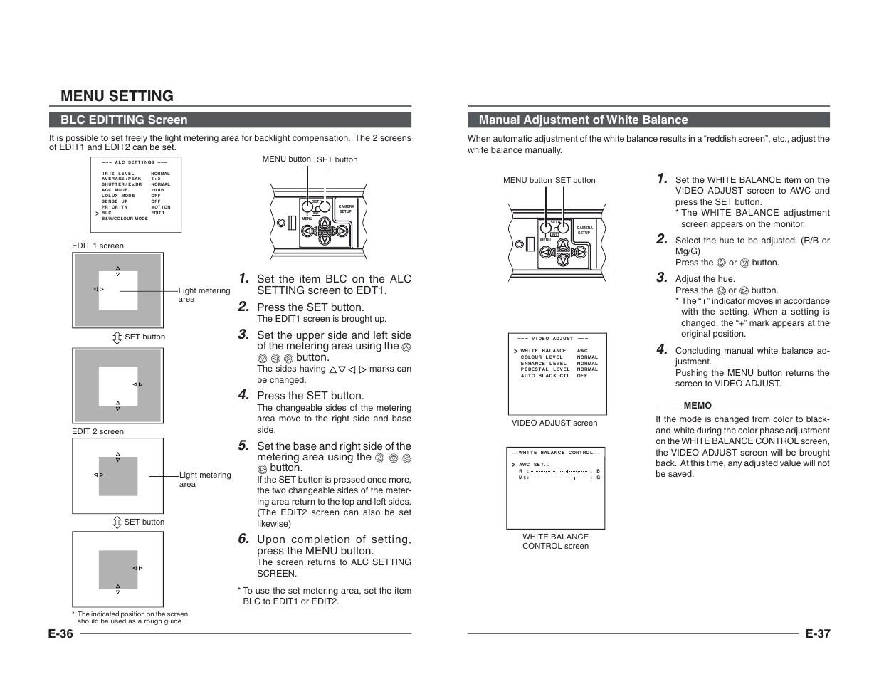 Blc editting screen, Manual adjustment of white balance, Menu setting | E-36 blc editting screen, E-37 manual adjustment of white balance, Set the item blc on the alc setting screen to edt1, Press the set button, Upon completion of setting, press the menu button | JVC TK-C1460B User Manual | Page 19 / 42