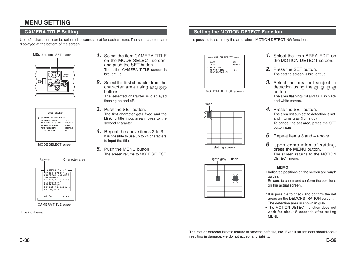 Camera title setting, Setting the motion detect function, Menu setting | E-38, E-39 setting the motion detect function, Push the set button, Repeat the above items 2 to 3, Push the menu button, Press the set button, Repeat items 3 and 4 above | JVC TK-C1460B User Manual | Page 20 / 42