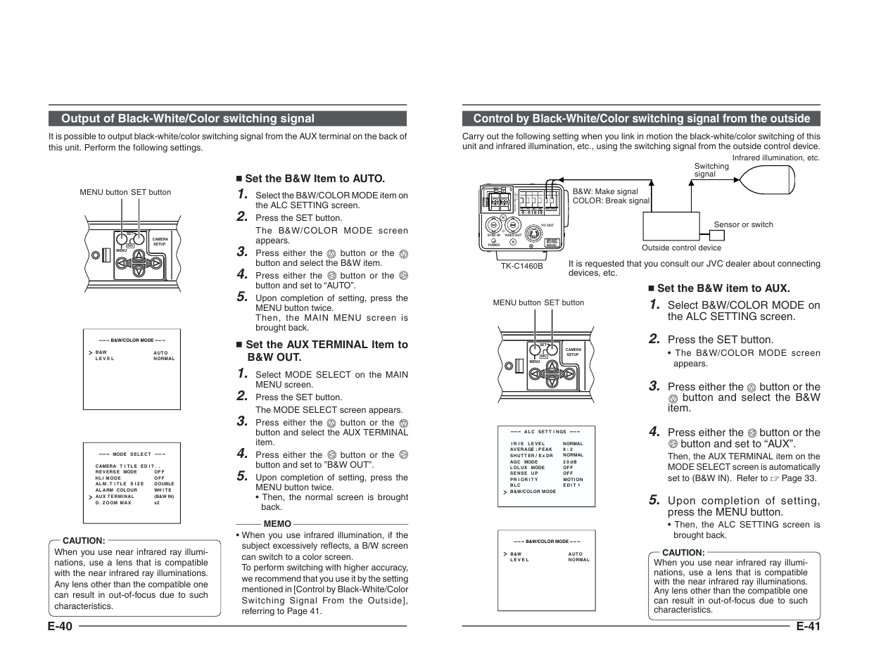 Output of black-white/color switching signal, Dc12v ac24v, Ab c d | E-40, Set the b&w item to auto, Set the aux terminal item to b&w out, Set the b&w item to aux, Select b&w/color mode on the alc setting screen, Press the set button, Upon completion of setting, press the menu button | JVC TK-C1460B User Manual | Page 21 / 42