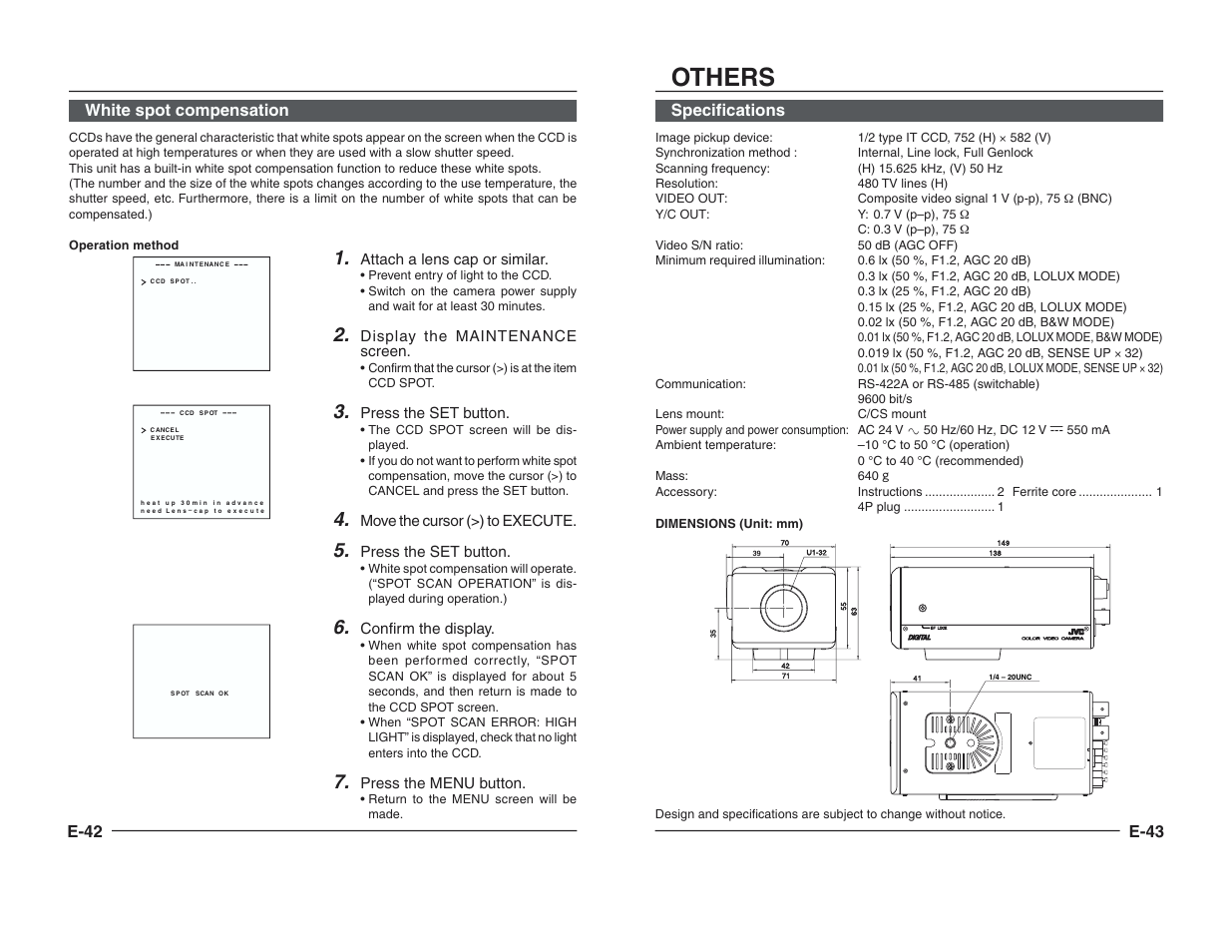 White spot compensation, Others, Specifications | E-42 white spot compensation, E-43 | JVC TK-C1460B User Manual | Page 22 / 42