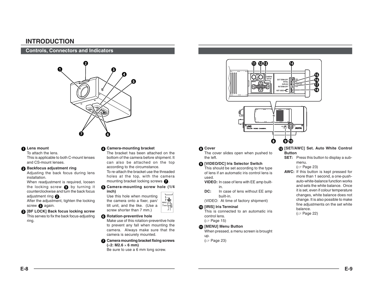 Introduction, Controls, connectors and indicators e-9 | JVC TK-C1460B User Manual | Page 27 / 42