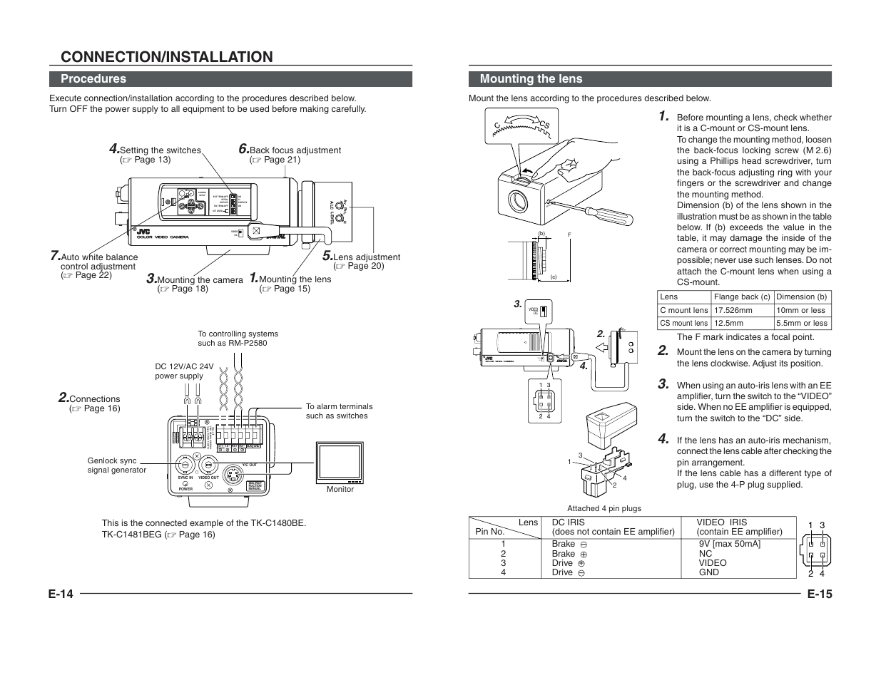 Connection/installation, Video dc iris, E-14 | Procedures, E-15 mounting the lens | JVC TK-C1460B User Manual | Page 30 / 42