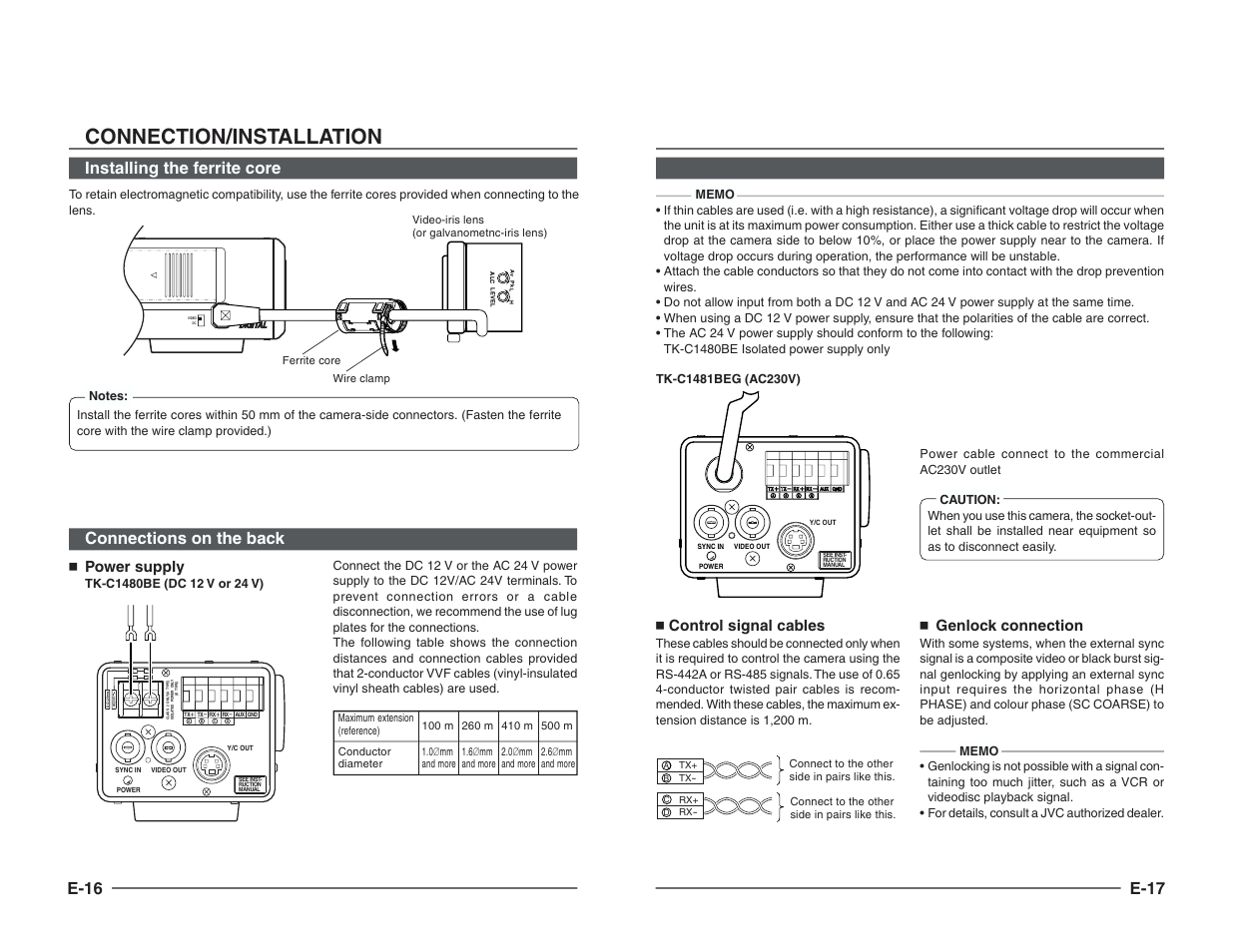 Connection/installation, E-16, Installing the ferrite core | Connections on the back, E-17, Power supply, Control signal cables, Genlock connection | JVC TK-C1460B User Manual | Page 31 / 42