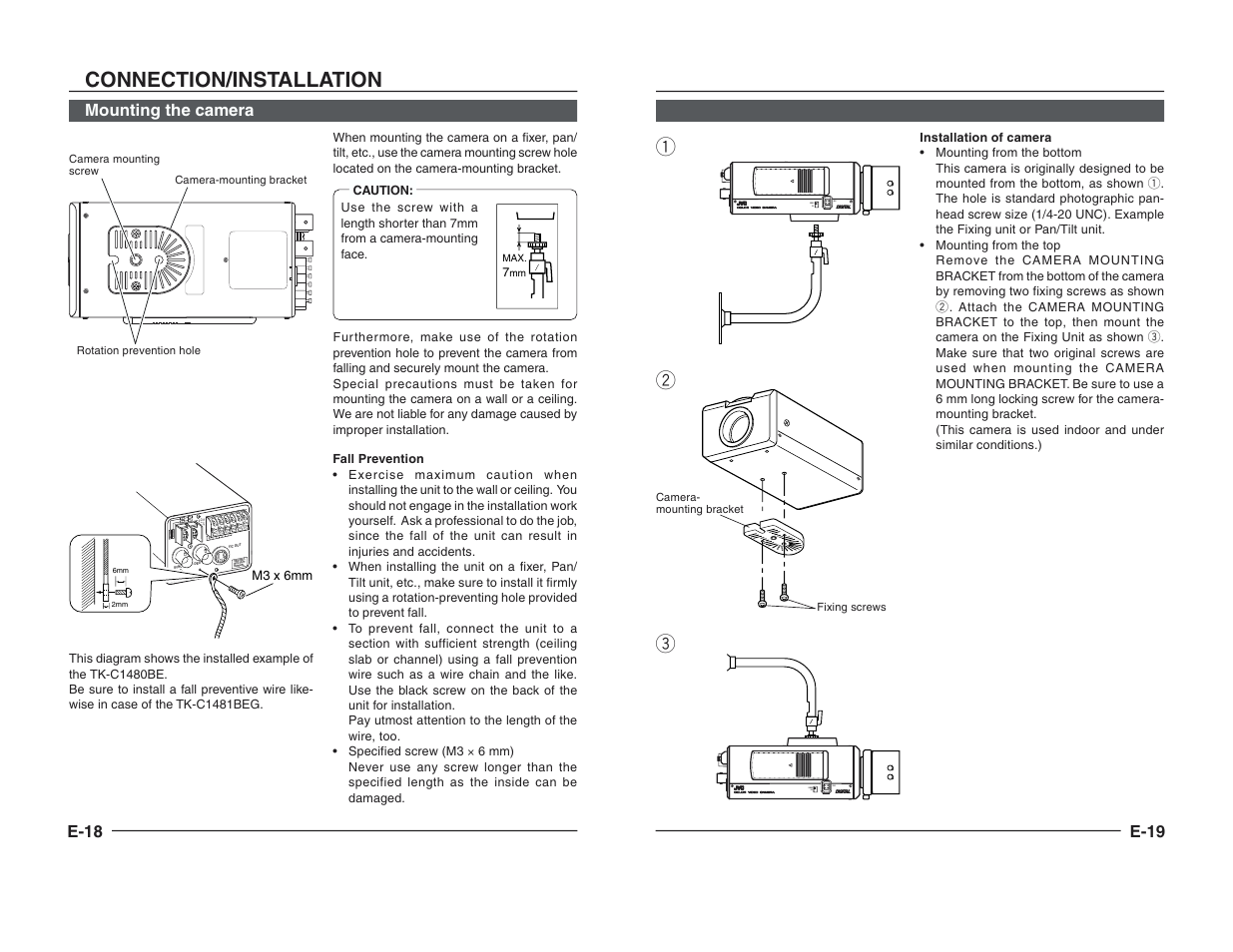 Connection/installation, Qw e, Ab c d | Video dc iris video dc iris, E-18, Mounting the camera, E-19 | JVC TK-C1460B User Manual | Page 32 / 42