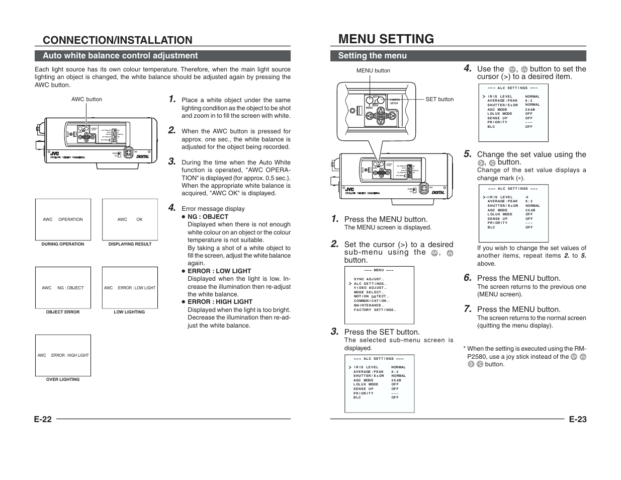 Menu setting, Connection/installation, E-22 | Auto white balance control adjustment, E-23, Setting the menu, Press the menu button, Press the set button, Change the set value using the , button, The menu screen is displayed | JVC TK-C1460B User Manual | Page 34 / 42