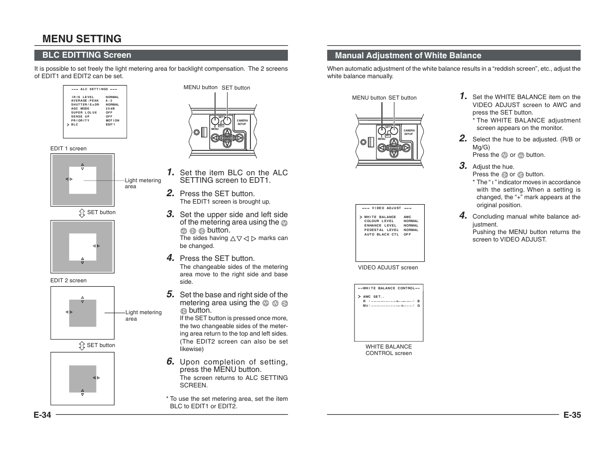 Menu setting, E-34 blc editting screen, E-35 manual adjustment of white balance | Set the item blc on the alc setting screen to edt1, Press the set button, Upon completion of setting, press the menu button | JVC TK-C1460B User Manual | Page 40 / 42