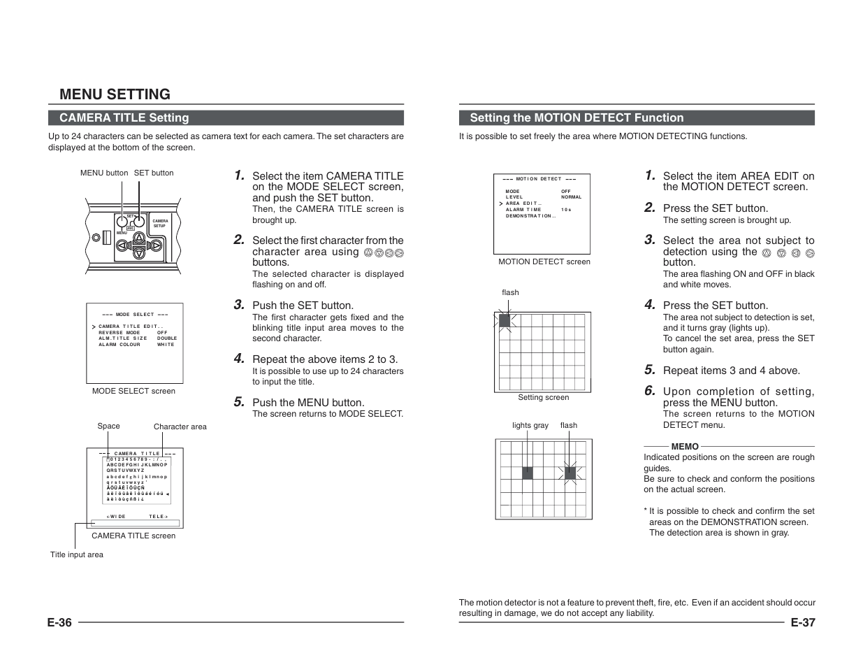 Menu setting, E-36, Camera title setting | E-37 setting the motion detect function, Push the set button, Repeat the above items 2 to 3, Push the menu button, Press the set button, Repeat items 3 and 4 above, Upon completion of setting, press the menu button | JVC TK-C1460B User Manual | Page 41 / 42