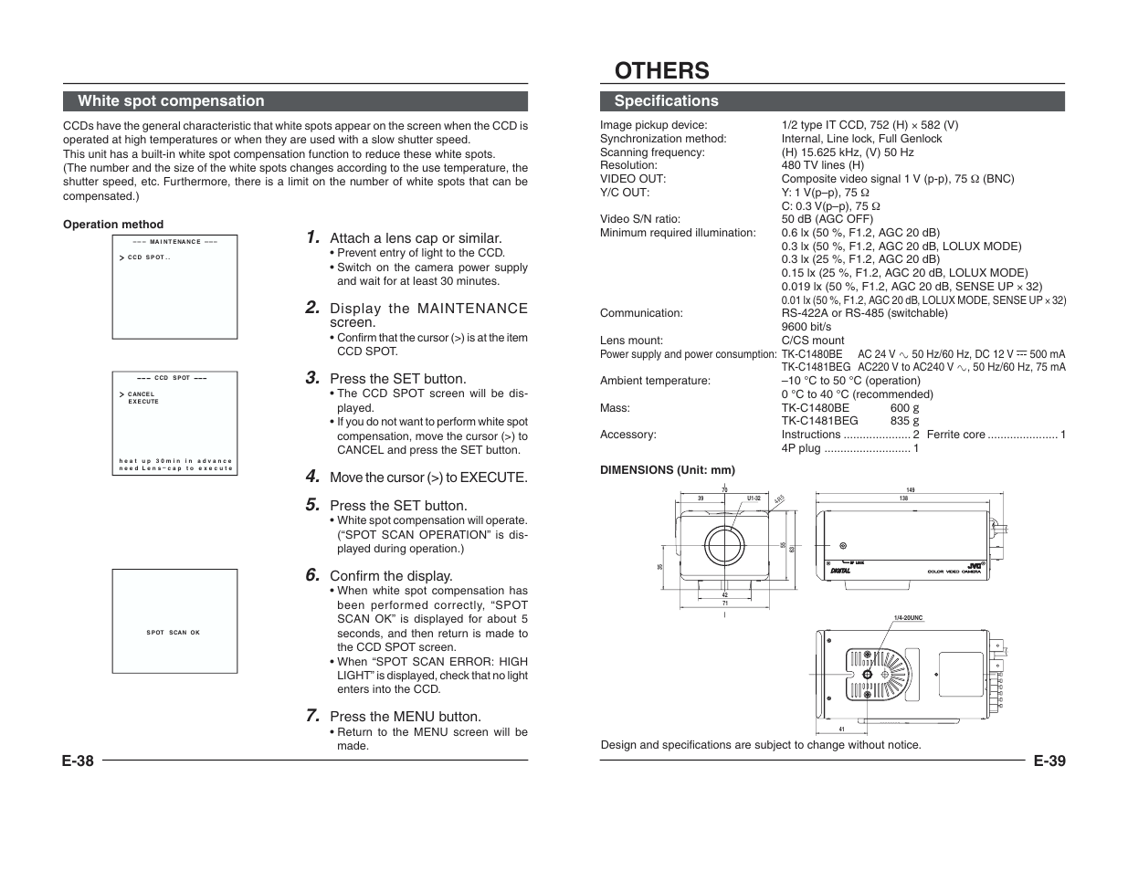 Others, E-38 white spot compensation, E-39 | Specifications | JVC TK-C1460B User Manual | Page 42 / 42