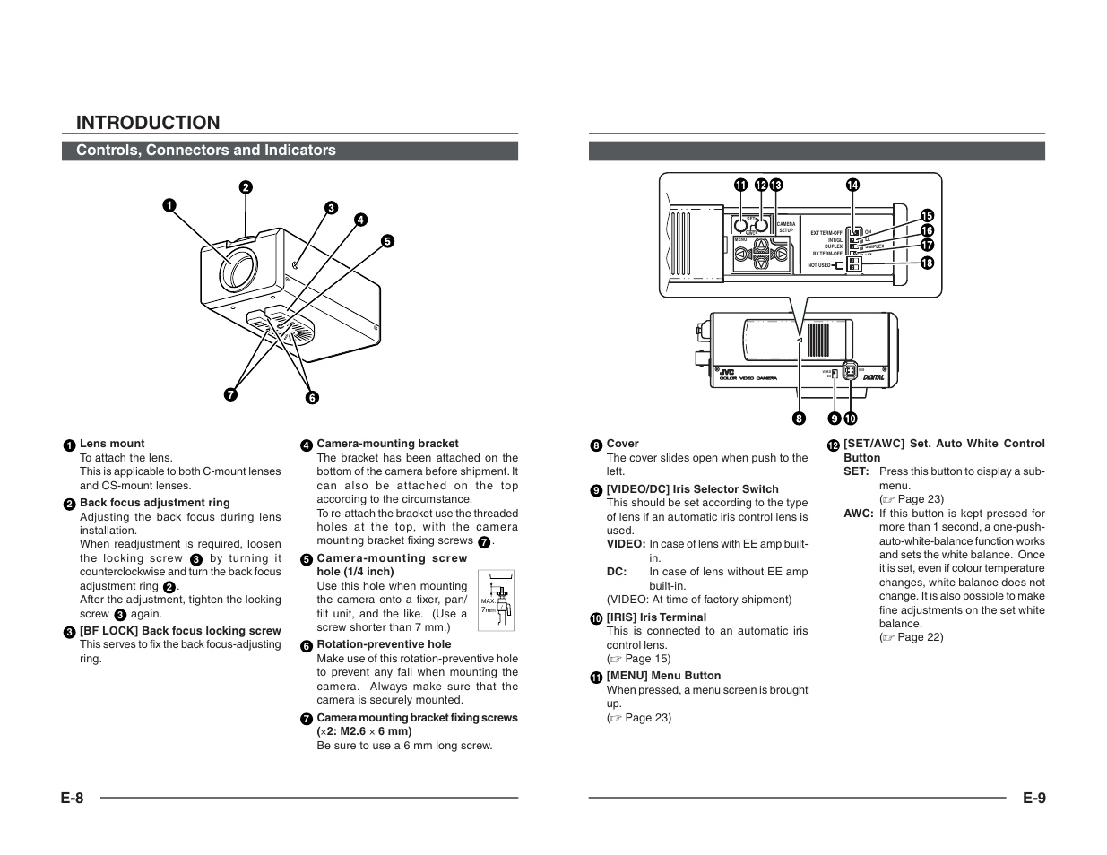 Controls, connectors and indicators, Introduction, Controls, connectors and indicators e-9 | JVC TK-C1460B User Manual | Page 5 / 42