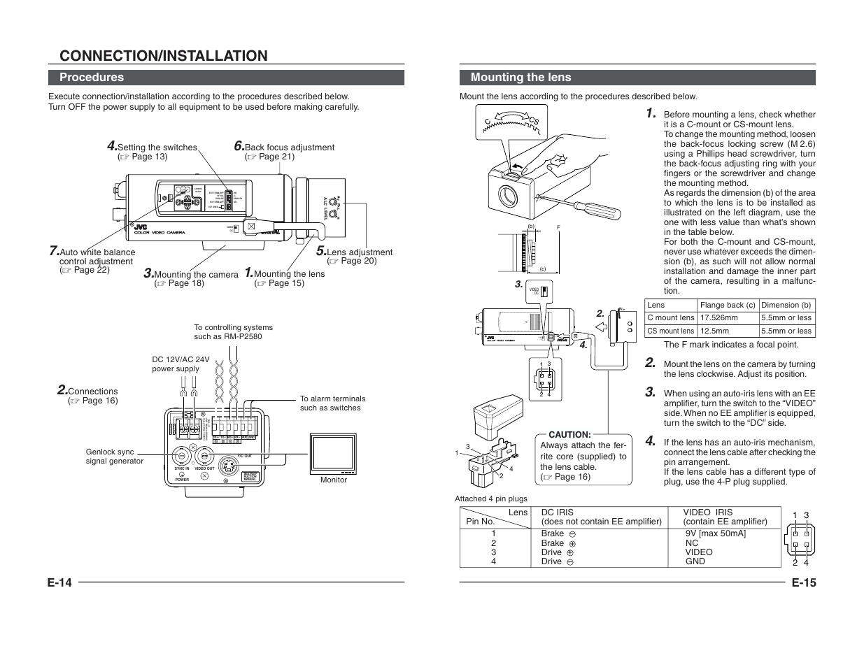 Procedures, Mounting the lens, Connection/installation | Video dc iris, E-14, Procedures e-15 mounting the lens | JVC TK-C1460B User Manual | Page 8 / 42