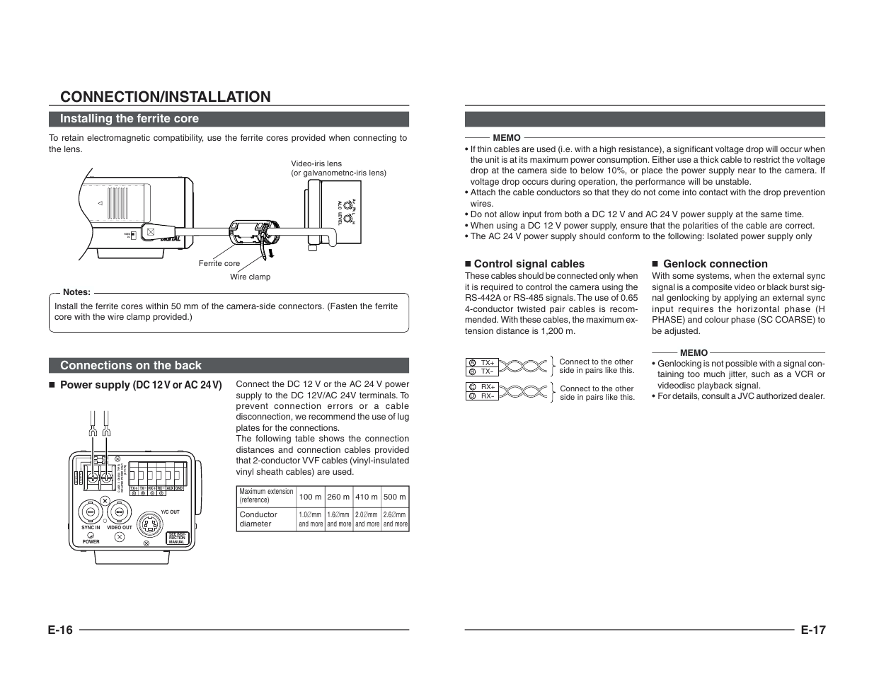 Installing the ferrite core, Connections on the back, Connection/installation | E-16, E-17, Power supply (dc 12 v or ac 24 v), Control signal cables, Genlock connection | JVC TK-C1460B User Manual | Page 9 / 42