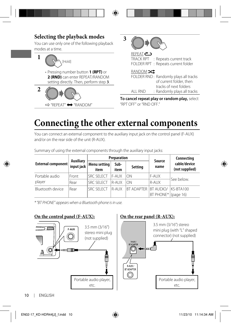 Connecting the other external components, Selecting the playback modes | JVC GET0686-001A User Manual | Page 10 / 49