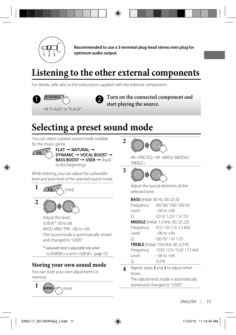 Listening to the other external components, Selecting a preset sound mode, Storing your own sound mode | JVC GET0686-001A User Manual | Page 11 / 49