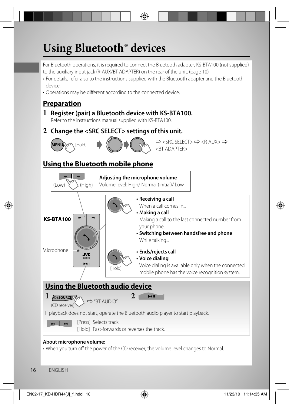 Using bluetooth ® devices, Preparation, Using the bluetooth mobile phone | Using the bluetooth audio device | JVC GET0686-001A User Manual | Page 16 / 49