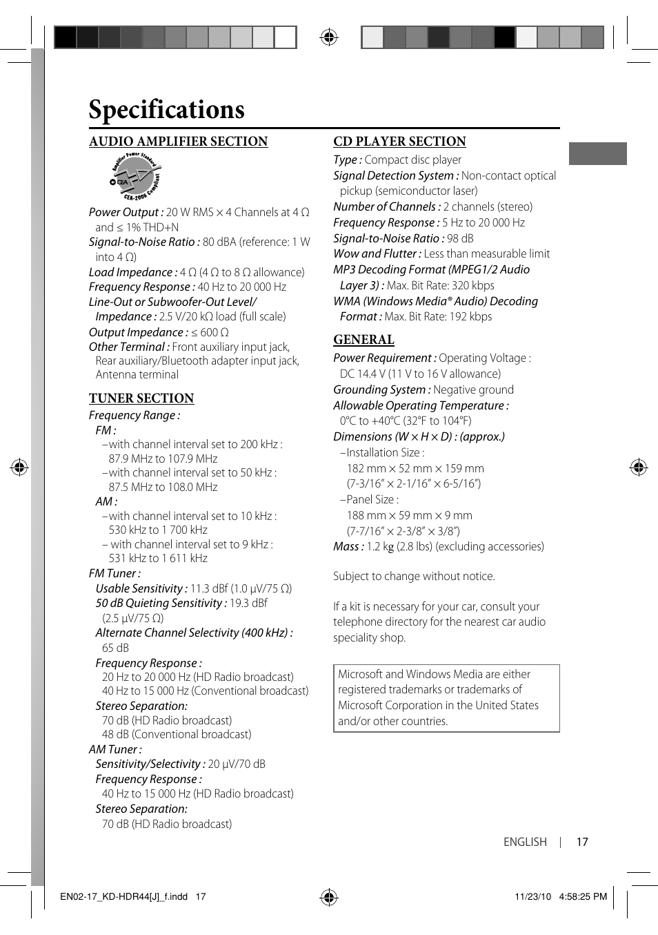 Specifications | JVC GET0686-001A User Manual | Page 17 / 49