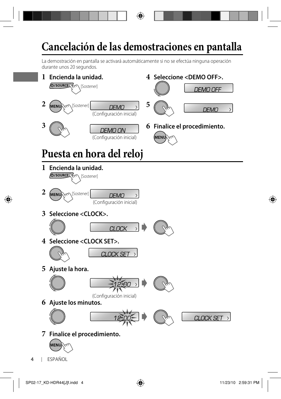 Puesta en hora del reloj, Cancelación de las demostraciones en pantalla | JVC GET0686-001A User Manual | Page 20 / 49