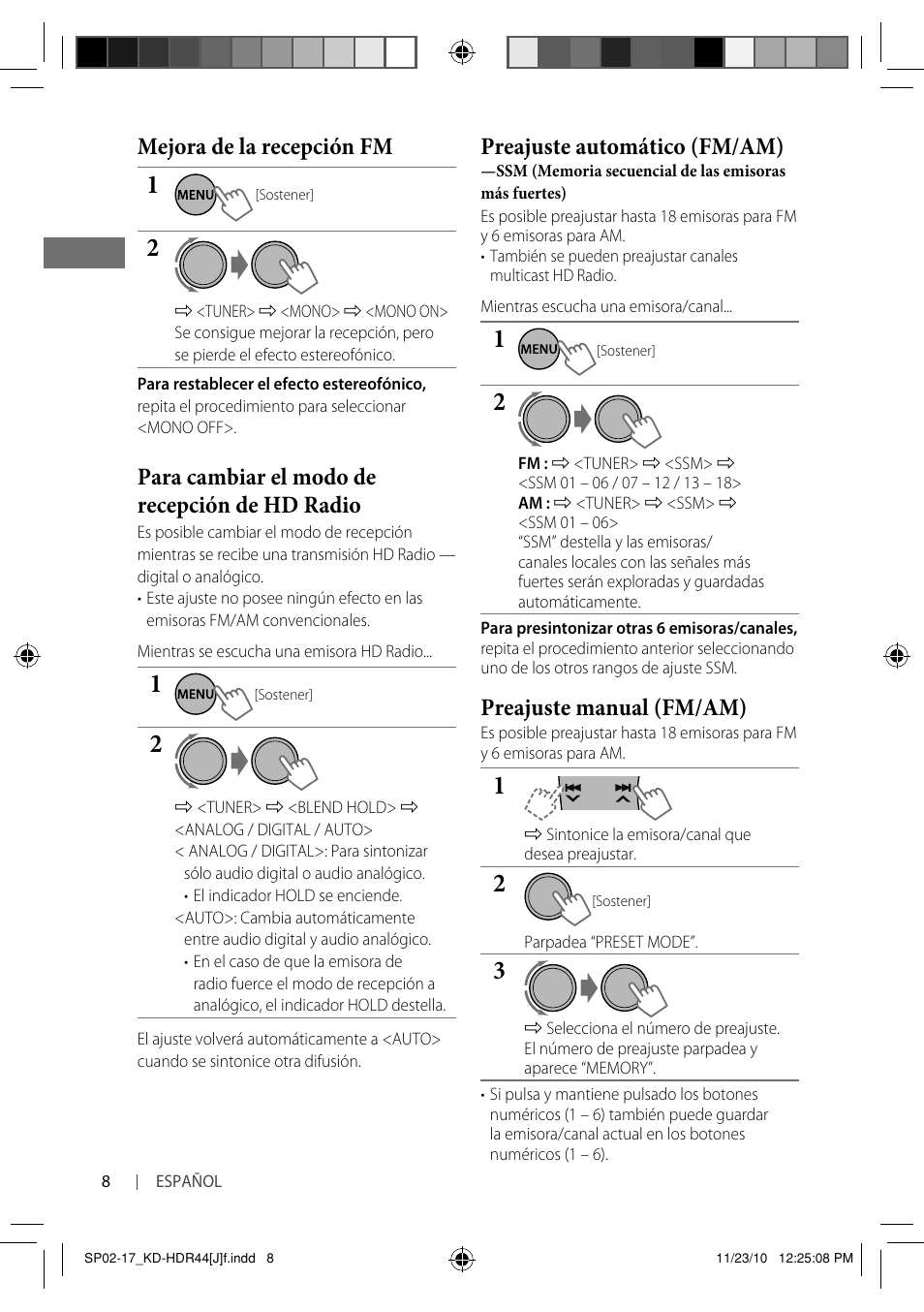 Mejora de la recepción fm, Para cambiar el modo de recepción de hd radio, Preajuste automático (fm/am) | Preajuste manual (fm/am) | JVC GET0686-001A User Manual | Page 24 / 49