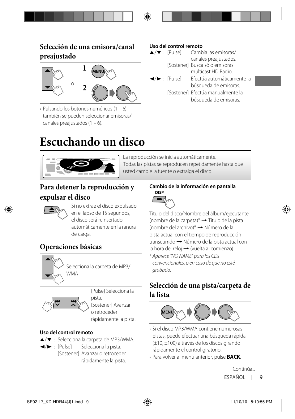 Escuchando un disco, Selección de una emisora/canal preajustado, Para detener la reproducción y expulsar el disco | Operaciones básicas, Selección de una pista/carpeta de la lista | JVC GET0686-001A User Manual | Page 25 / 49